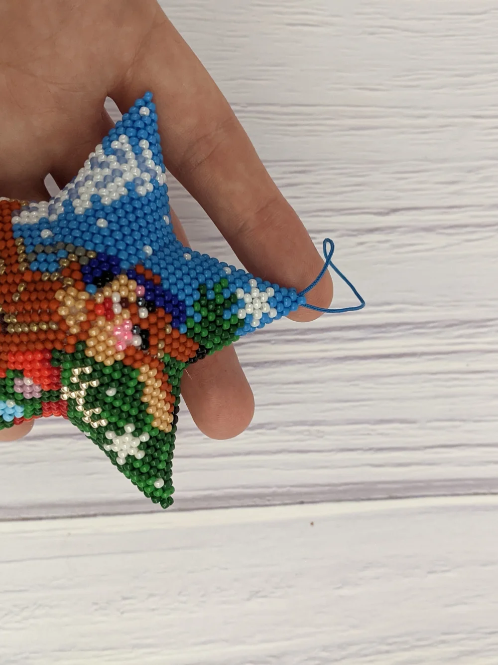 Handmade Blue Beaded Star Holiday Ornament - Cute Bunny Design